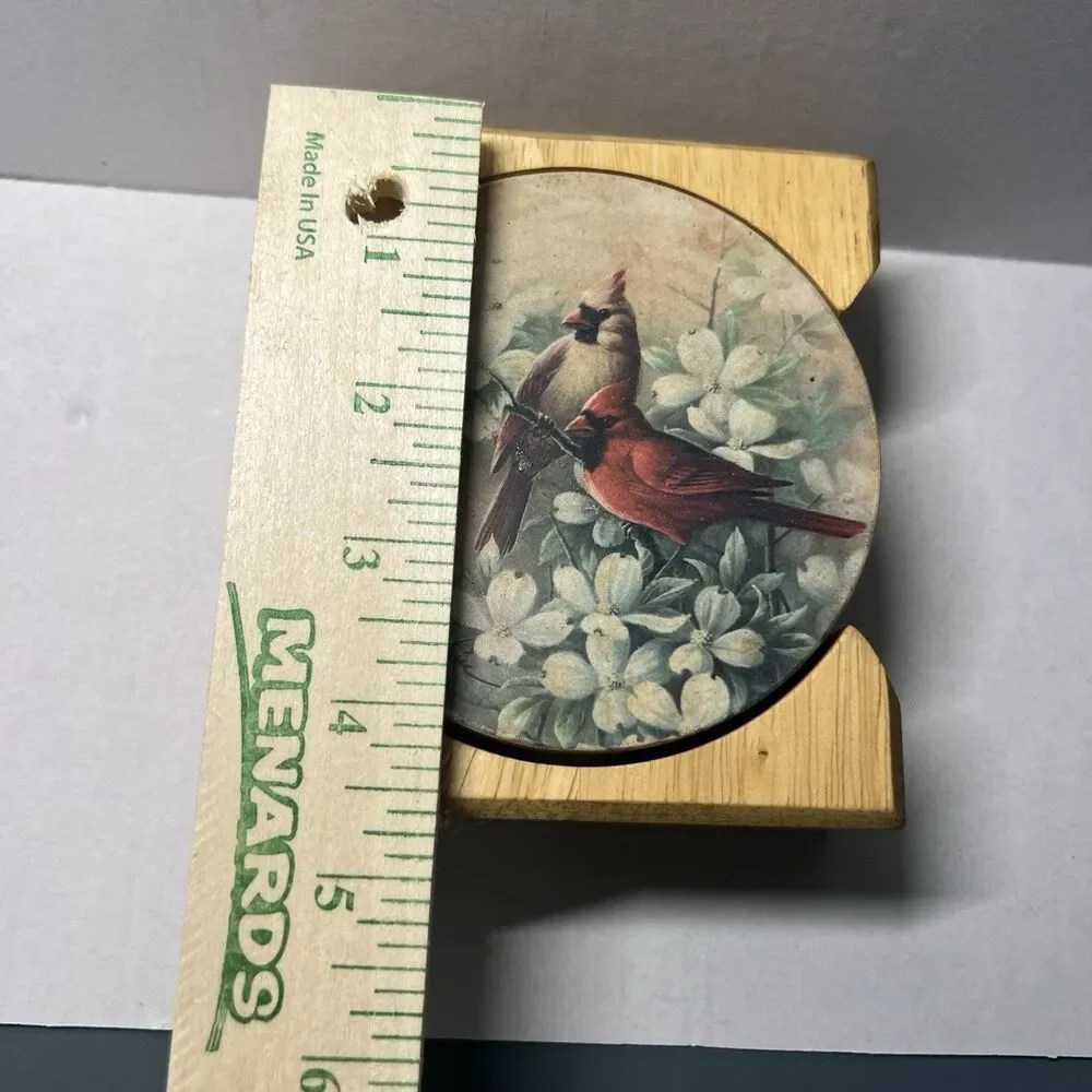 Vintage T.C. Chiu Red Cardinal Bird Coaster Set with Wooden Storage Holder MCM